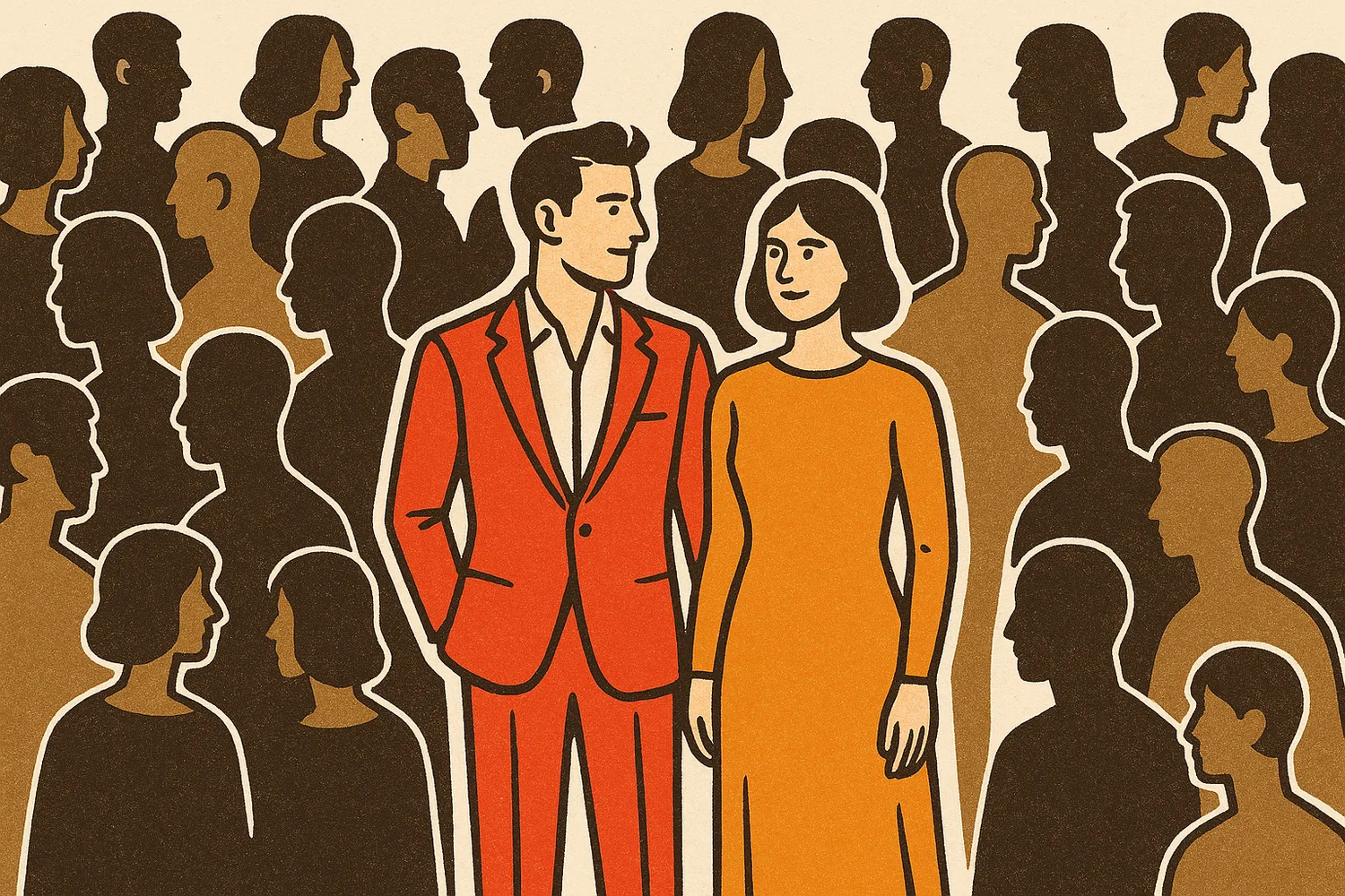 An elegant couple standing out, unmistakable, in a muted crowd