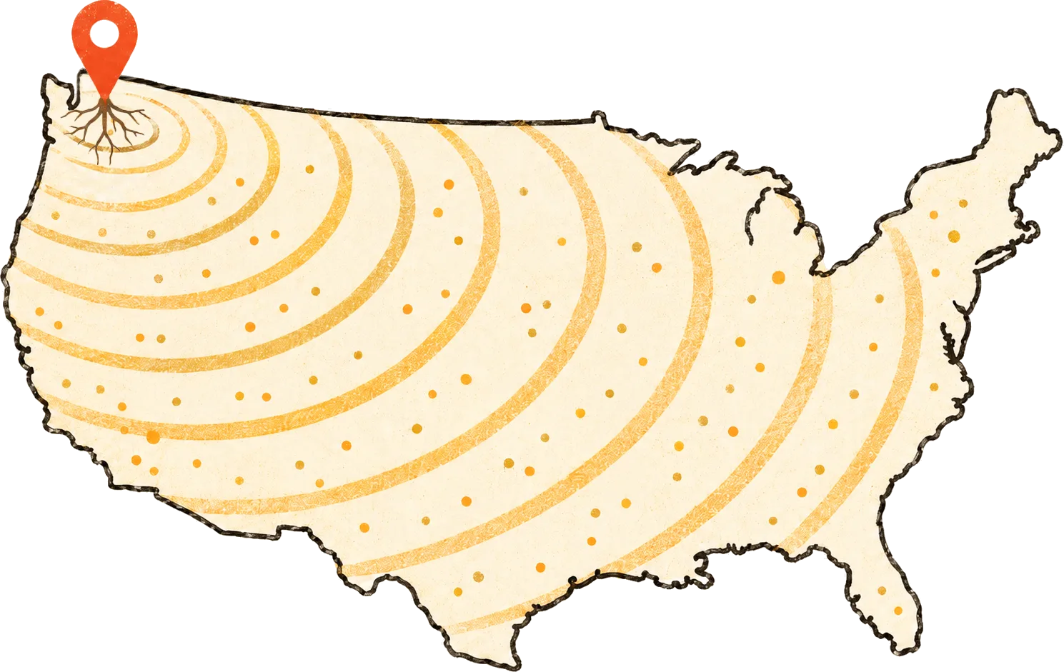 Hand-drawn map of the United States with a location pin rooted in Olympia, Washington, and rings radiating out across the country