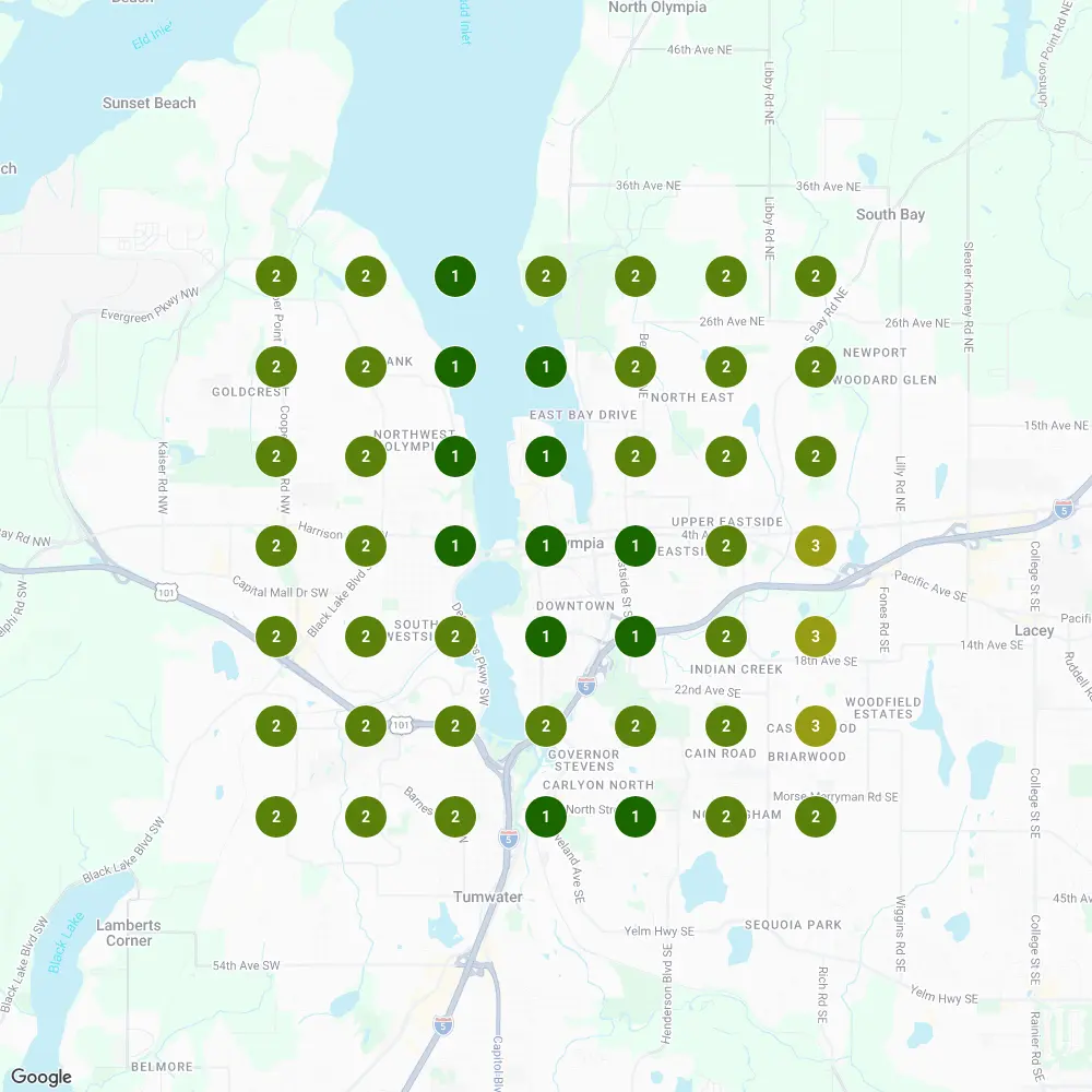 Capitol Painting local search rankings after — mostly green, ranking #1–3 across the Olympia service area