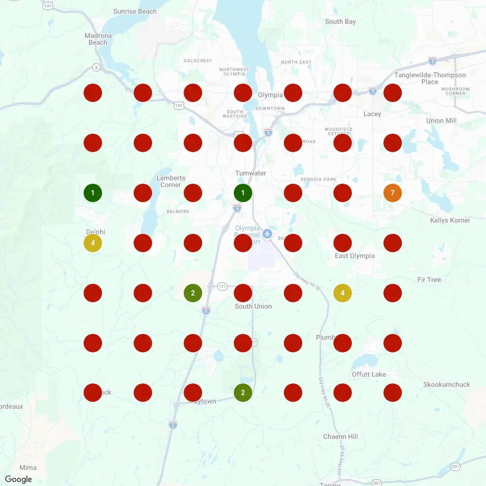 Capitol Painting local search rankings before — mostly red, not ranking across the Olympia service area