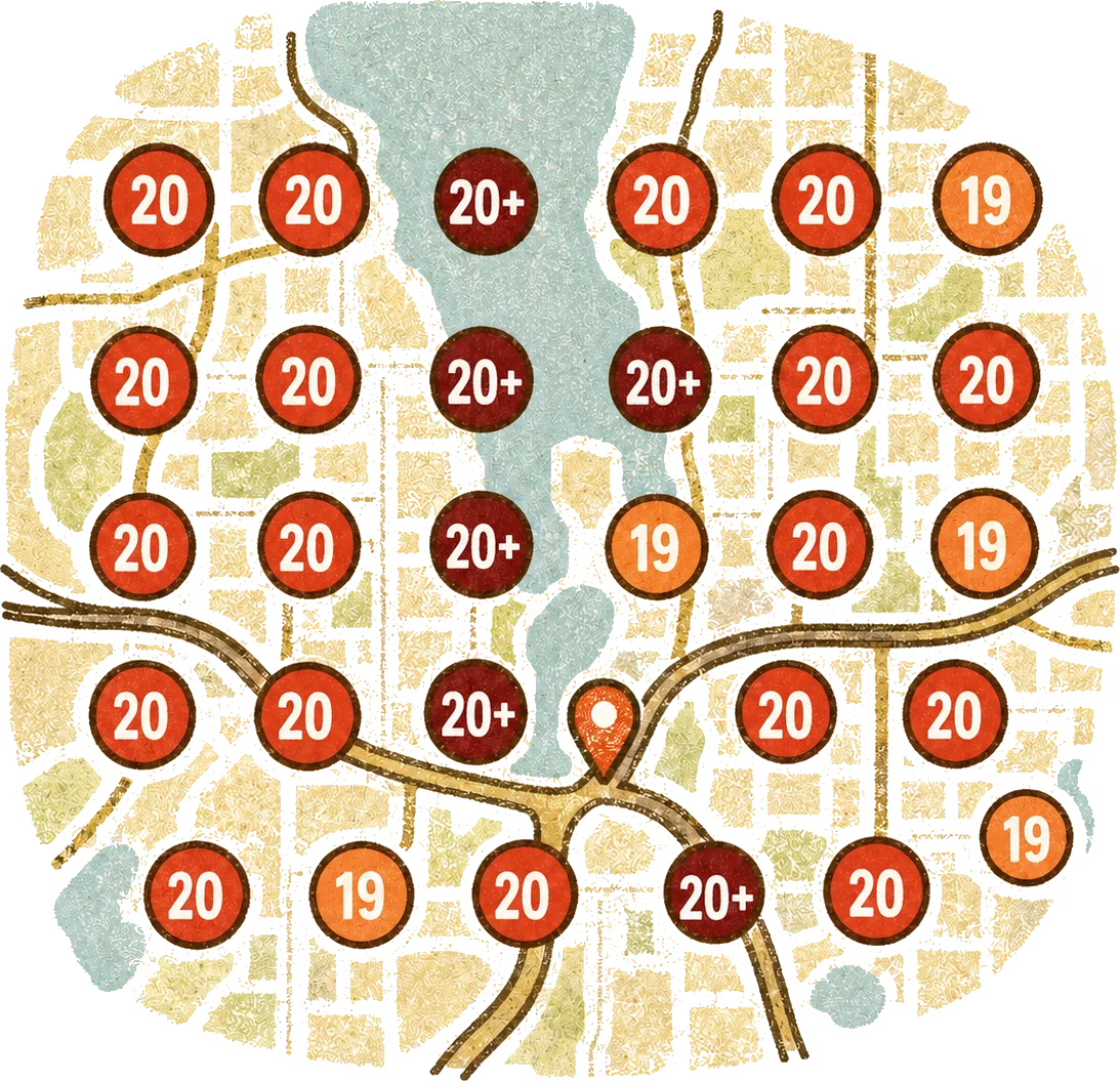 A local search grid where the business ranks poorly across every neighborhood